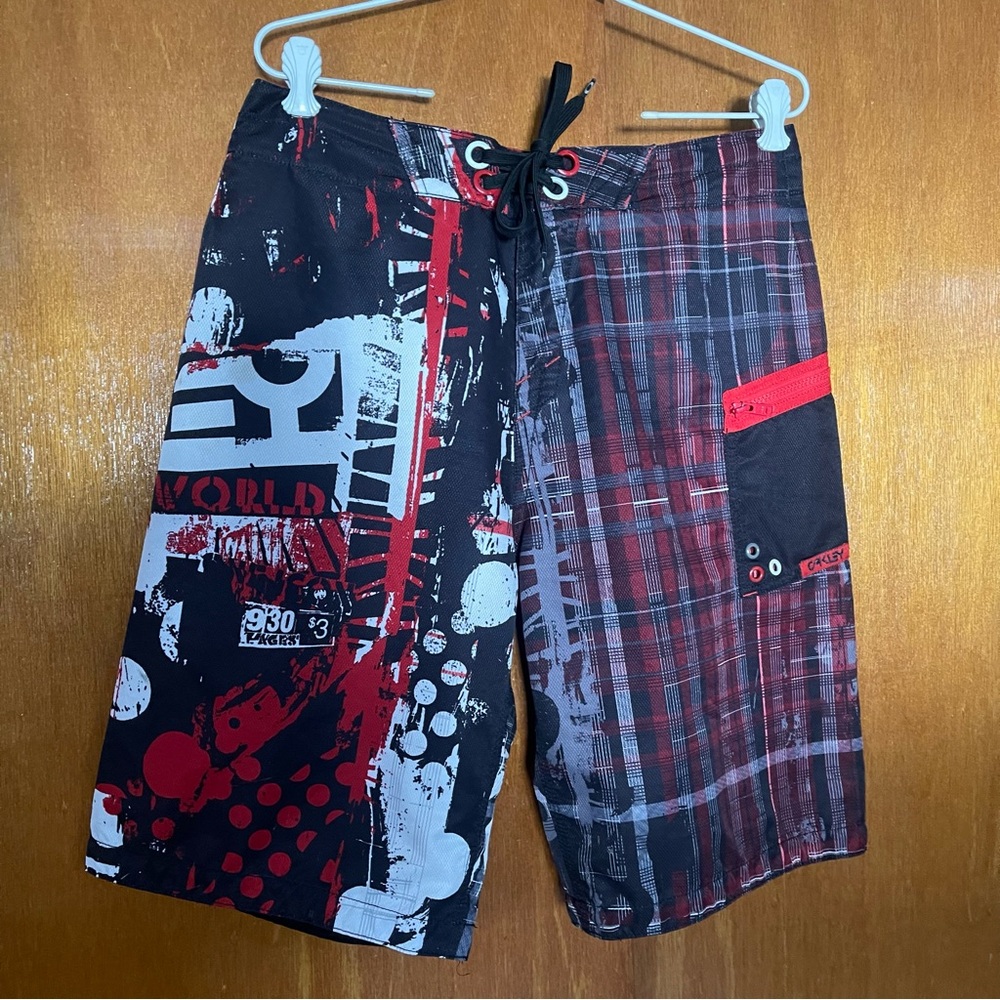Oakley Red, Black & Gray Graphic Hybrid Board Shorts